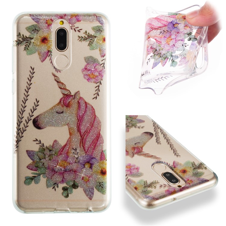 Glitter Powder IMD TPU Shell for Huawei Mate 10 Lite / nova 2i / Maimang 6 / Honor 9i (India) - Unicorn and Flower Pattern-1