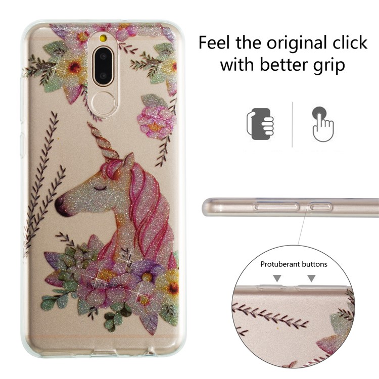 Glitter Powder IMD TPU Shell for Huawei Mate 10 Lite / nova 2i / Maimang 6 / Honor 9i (India) - Unicorn and Flower Pattern-2