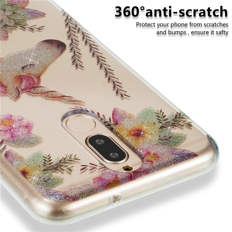 Glitter Powder IMD TPU Shell for Huawei Mate 10 Lite / nova 2i / Maimang 6 / Honor 9i (India) - Unicorn and Flower Pattern-3