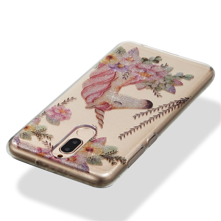 Glitter Powder IMD TPU Shell for Huawei Mate 10 Lite / nova 2i / Maimang 6 / Honor 9i (India) - Unicorn and Flower Pattern-4