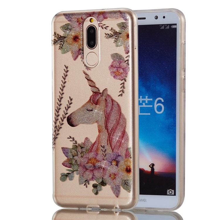 Glitter Powder IMD TPU Shell for Huawei Mate 10 Lite / nova 2i / Maimang 6 / Honor 9i (India) - Unicorn and Flower Pattern-6