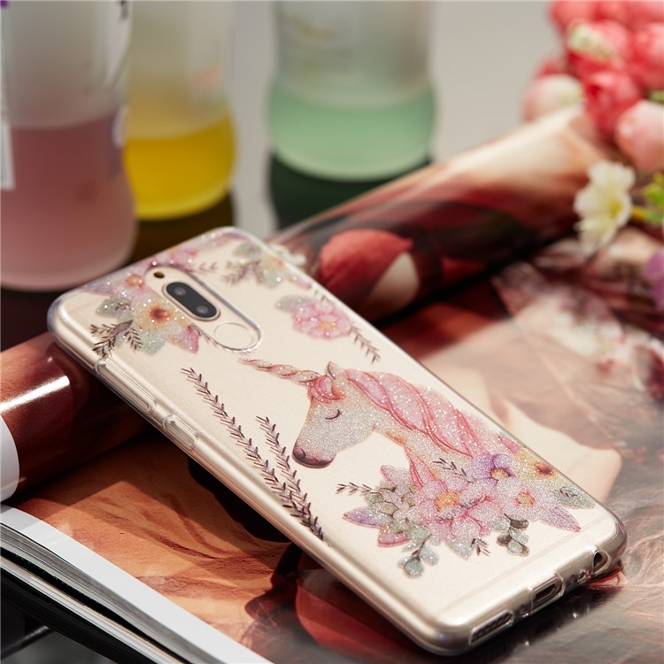 Glitter Powder IMD TPU Shell for Huawei Mate 10 Lite / nova 2i / Maimang 6 / Honor 9i (India) - Unicorn and Flower Pattern-7