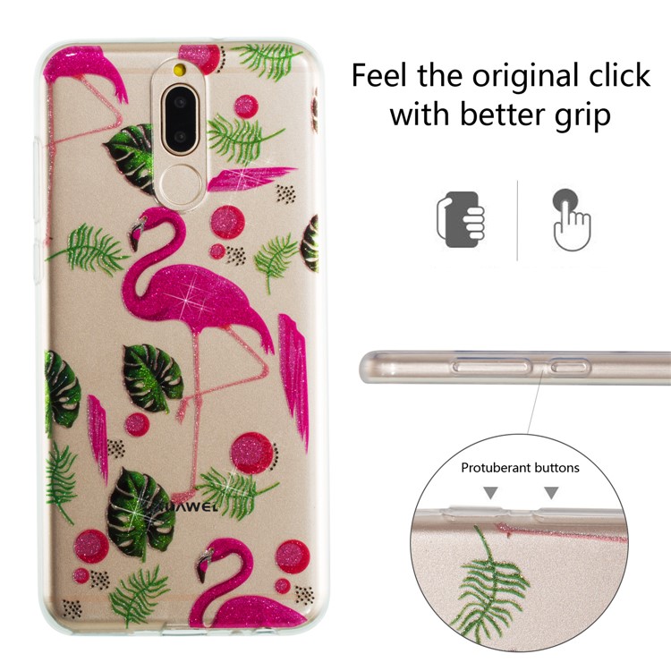 Glitter Powder IMD TPU Phone Shell for Huawei Mate 10 Lite / nova 2i / Maimang 6 / Honor 9i (India) - Flamingos and Leaves Pattern-2