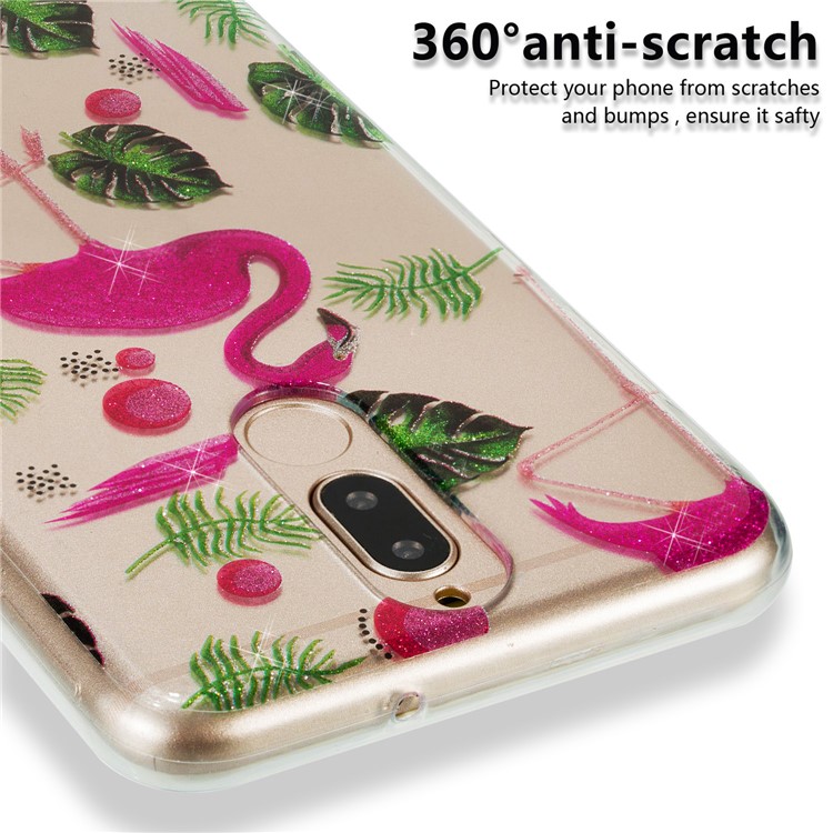 Glitter Powder IMD TPU Phone Shell for Huawei Mate 10 Lite / nova 2i / Maimang 6 / Honor 9i (India) - Flamingos and Leaves Pattern-3