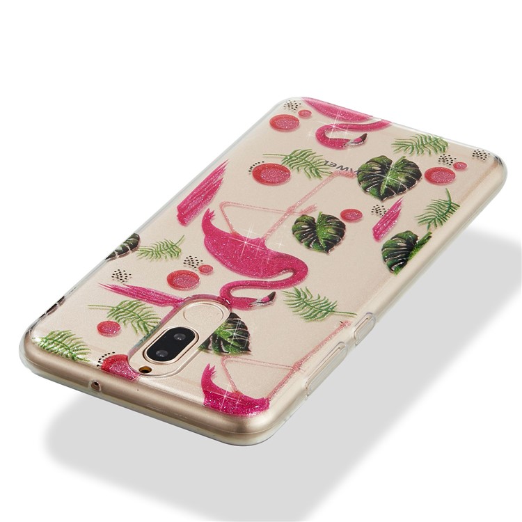 Glitter Powder IMD TPU Phone Shell for Huawei Mate 10 Lite / nova 2i / Maimang 6 / Honor 9i (India) - Flamingos and Leaves Pattern-4
