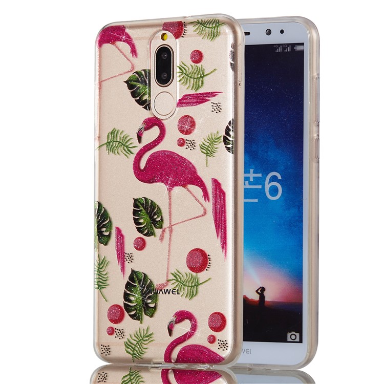 Glitter Powder IMD TPU Phone Shell for Huawei Mate 10 Lite / nova 2i / Maimang 6 / Honor 9i (India) - Flamingos and Leaves Pattern-6
