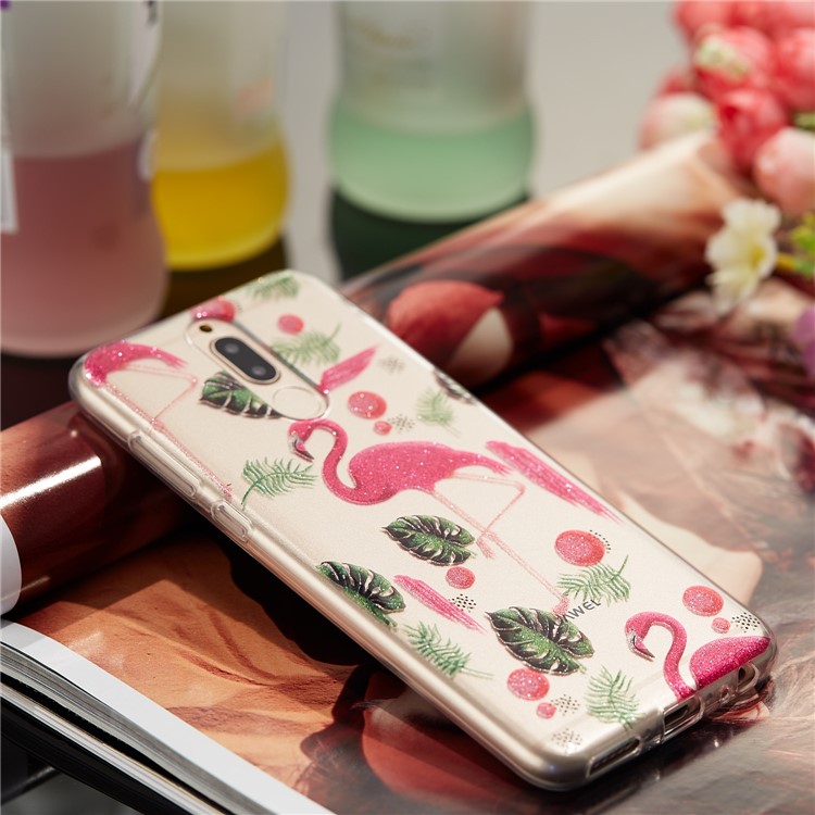 Glitter Powder IMD TPU Phone Shell for Huawei Mate 10 Lite / nova 2i / Maimang 6 / Honor 9i (India) - Flamingos and Leaves Pattern-7