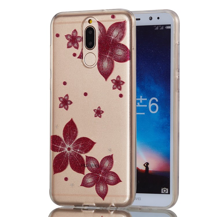 Glitter Powder IMD TPU Cell Phone Casing for Huawei Mate 10 Lite / nova 2i / Maimang 6 / Honor 9i (India) - Red Flower-6