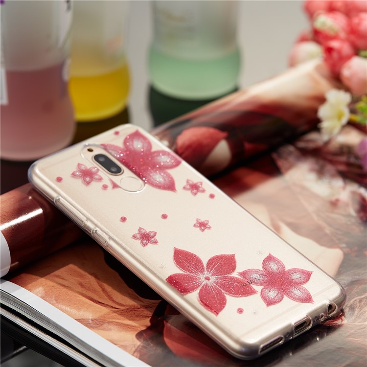 Glitter Powder IMD TPU Cell Phone Casing for Huawei Mate 10 Lite / nova 2i / Maimang 6 / Honor 9i (India) - Red Flower-7