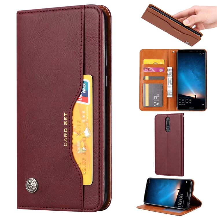 Auto-absorbed Card Holder Leather Phone Casing for Huawei Mate 10 Lite / nova 2i / Maimang 6 / Honor 9i (India) - Wine Red-1