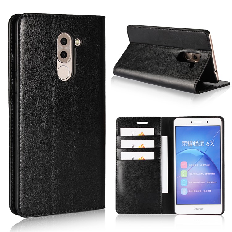 Crazy Horse Texture Wallet Stand Genuine Leather Case for Huawei Honor 6x (2016) / Mate 9 Lite - Black-1
