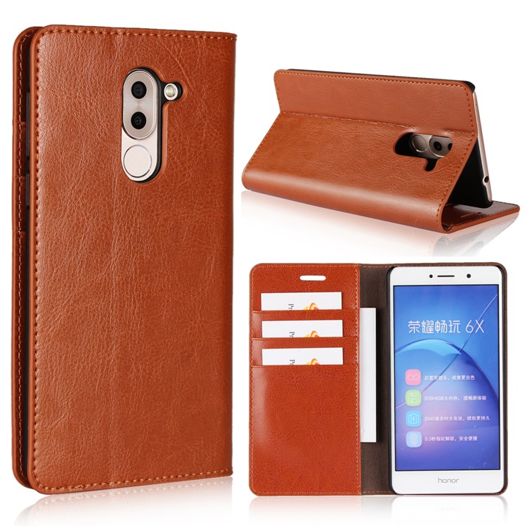 Crazy Horse Texture Genuine Leather Phone Case for Huawei Honor 6x (2016) / Mate 9 Lite - Brown-1