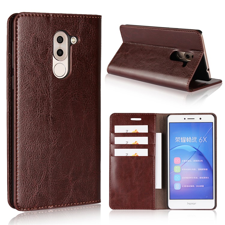 Crazy Horse Texture Genuine Leather Mobile Casing for Huawei Honor 6x (2016) / Mate 9 Lite - Coffee-1