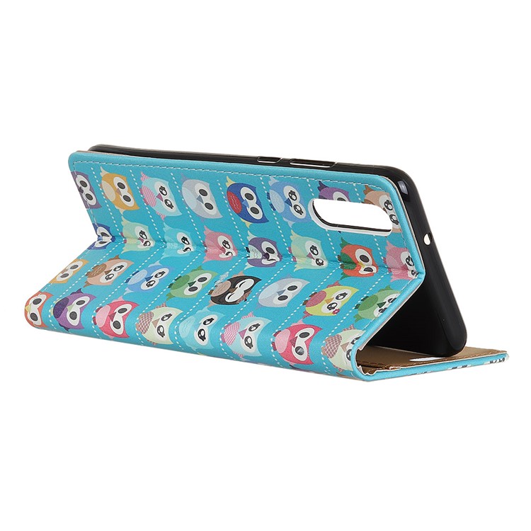 Patterned Wallet Leather Stand Protector Shell for Huawei P20 - Blue Background Owls-3