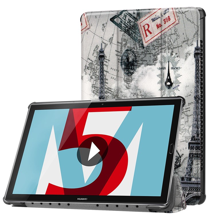 Pattern Printing Tri-fold Leather Stand Shell for Huawei MediaPad M5 10 / M5 10 (Pro) - Eiffel Tower-1