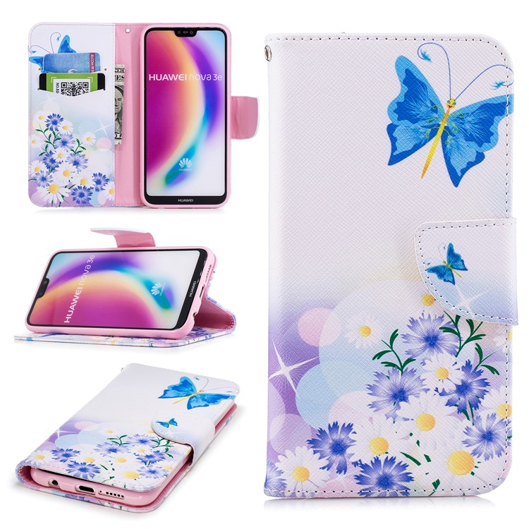 Invólucro De Couro Do Plutônio Da Carteira Do Couro Do Plutônio Modelado Para O Huawei P20 Lite / Nova 3e (china) - Borboleta Azul E Flores-1