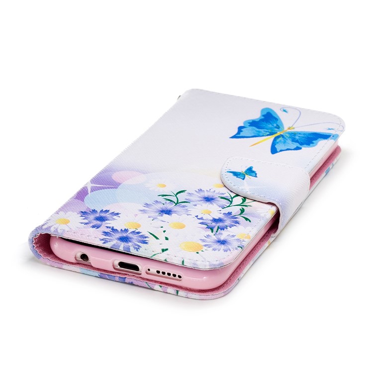 Invólucro De Couro Do Plutônio Da Carteira Do Couro Do Plutônio Modelado Para O Huawei P20 Lite / Nova 3e (china) - Borboleta Azul E Flores-6