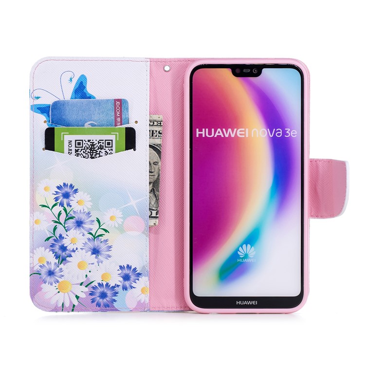 Invólucro De Couro Do Plutônio Da Carteira Do Couro Do Plutônio Modelado Para O Huawei P20 Lite / Nova 3e (china) - Borboleta Azul E Flores-8