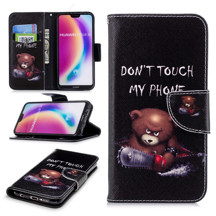 Patterned PU Leather Wallet Cover Case for Huawei P20 Lite / Nova 3e (China) - Angry Bear and Warning Words-1