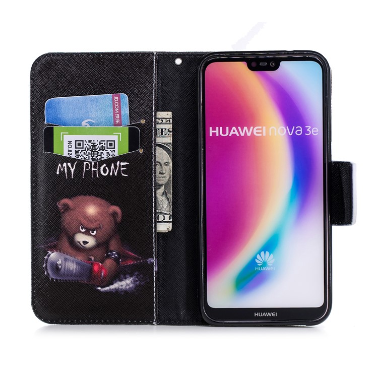 Patterned PU Leather Wallet Cover Case for Huawei P20 Lite / Nova 3e (China) - Angry Bear and Warning Words-8
