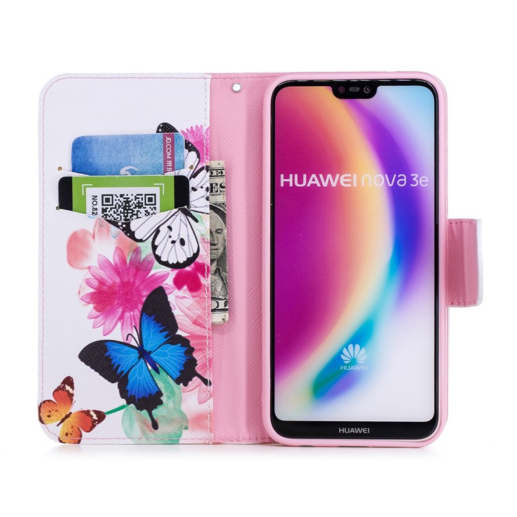 For Huawei P20 Lite / Nova 3e (China) Patterned PU Leather Wallet Phone Protective Accessory Case - Butterfly and Flower-8