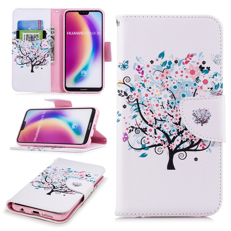 Patterned PU Leather Wallet Stand Case with Card Holders for Huawei P20 Lite / Nova 3e (China) - Floret Tree-1