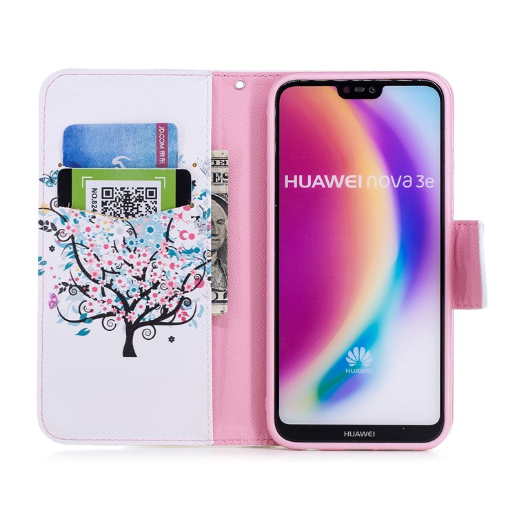Patterned PU Leather Wallet Stand Case with Card Holders for Huawei P20 Lite / Nova 3e (China) - Floret Tree-8