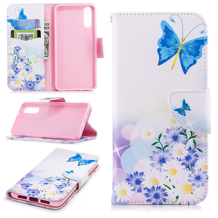 Patterned PU Leather Wallet Flip Phone Casing for Huawei P20 - Blue Butterfly and Flowers-1