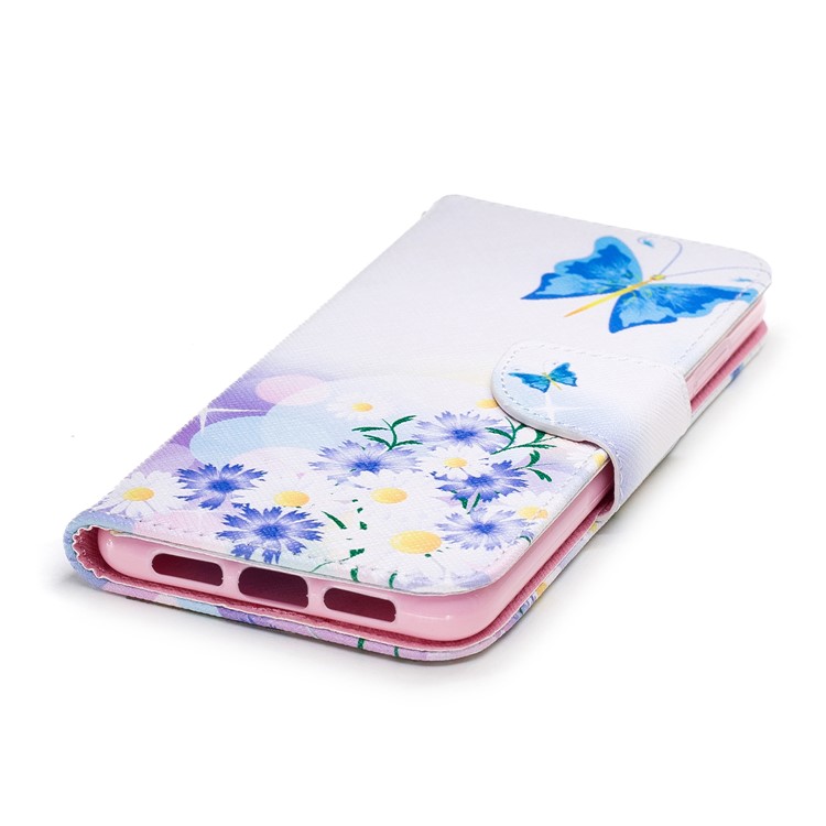 Patterned PU Leather Wallet Flip Phone Casing for Huawei P20 - Blue Butterfly and Flowers-6