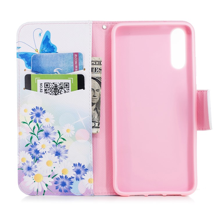 Patterned PU Leather Wallet Flip Phone Casing for Huawei P20 - Blue Butterfly and Flowers-8