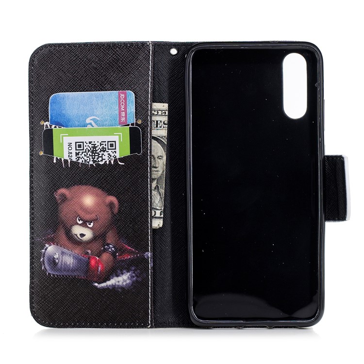 Patterned PU Leather Wallet Protective Cover Accessory for Huawei P20 - Brown Bear and Warning Words-8