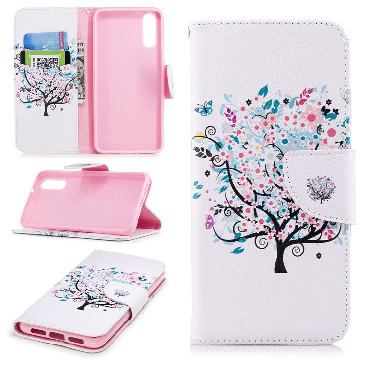 Patterned PU Leather Wallet Phone Flip Cover Shell for Huawei P20 - Flowered Tree-1