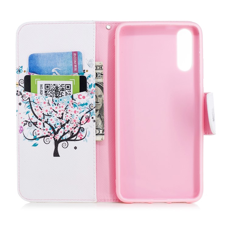 Patterned PU Leather Wallet Phone Flip Cover Shell for Huawei P20 - Flowered Tree-8