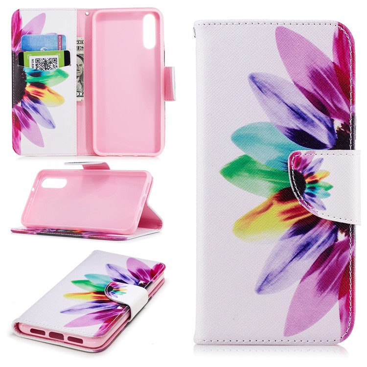 For Huawei P20 Patterned Leather Stand Wallet Protective Case - Colorful Petals-1