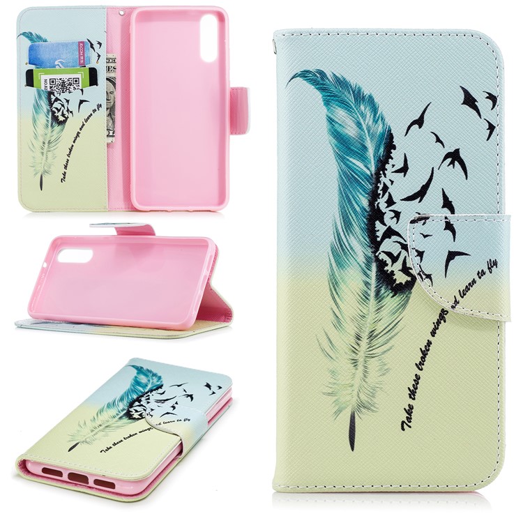 Patterned PU Leather Wallet Stand Protective Accessory Cover for Huawei P20 - Quill Pen and Birds-1