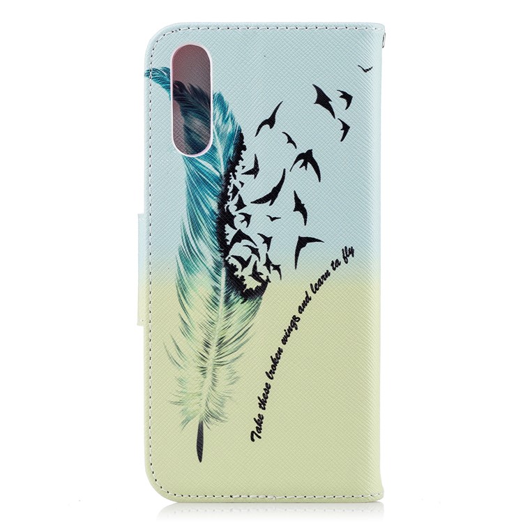 Patterned PU Leather Wallet Stand Protective Accessory Cover for Huawei P20 - Quill Pen and Birds-3