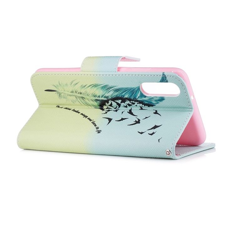 Patterned PU Leather Wallet Stand Protective Accessory Cover for Huawei P20 - Quill Pen and Birds-4