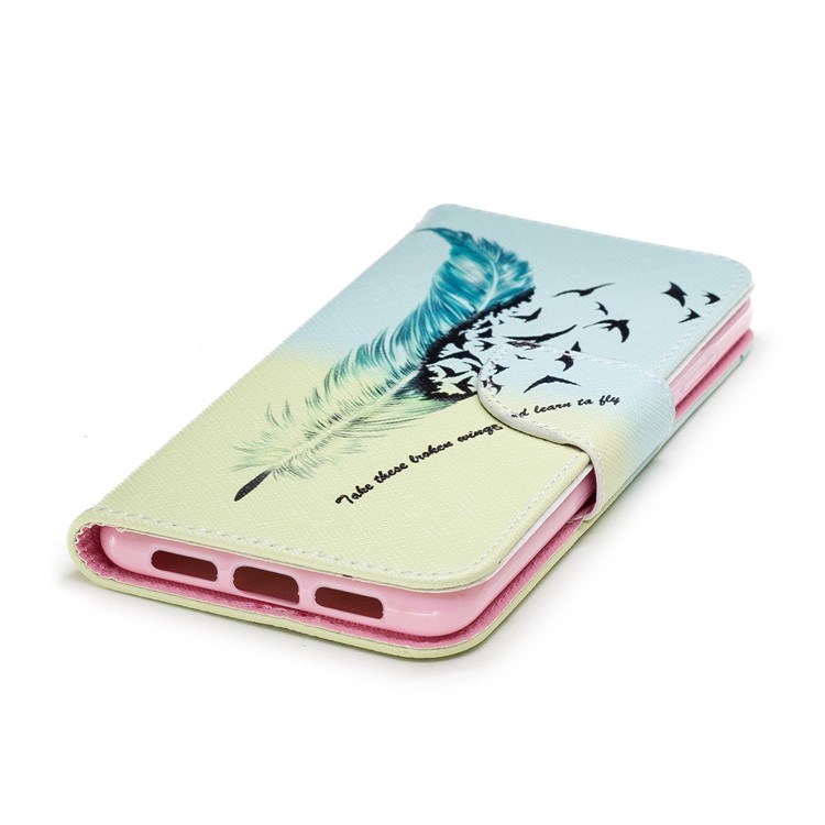 Patterned PU Leather Wallet Stand Protective Accessory Cover for Huawei P20 - Quill Pen and Birds-6