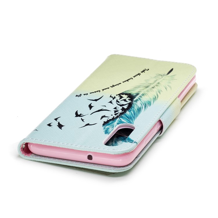 Patterned PU Leather Wallet Stand Protective Accessory Cover for Huawei P20 - Quill Pen and Birds-7