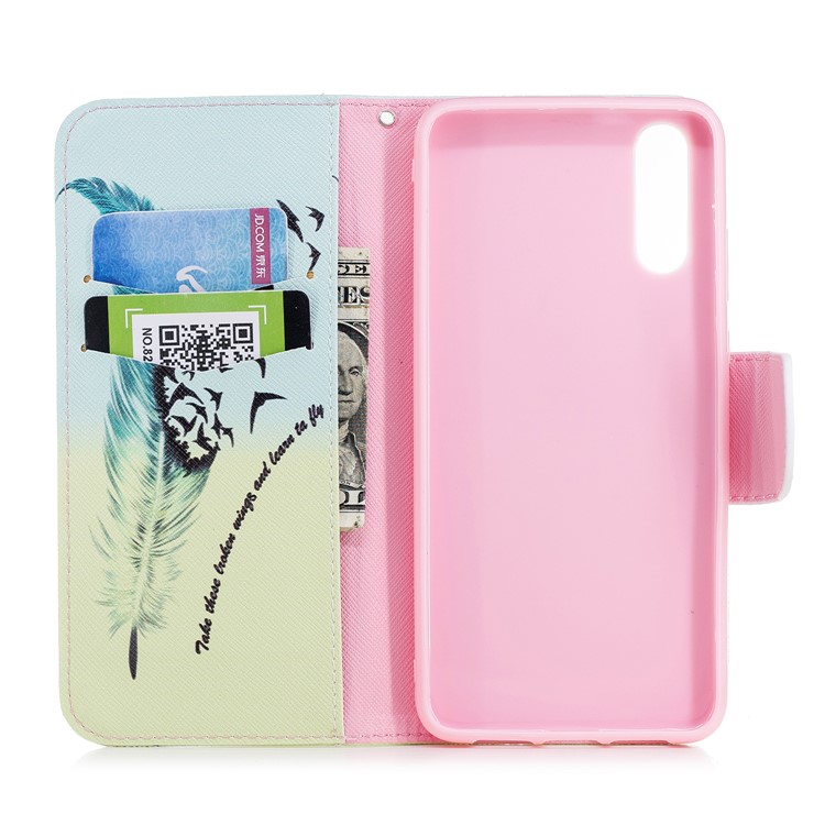 Patterned PU Leather Wallet Stand Protective Accessory Cover for Huawei P20 - Quill Pen and Birds-8