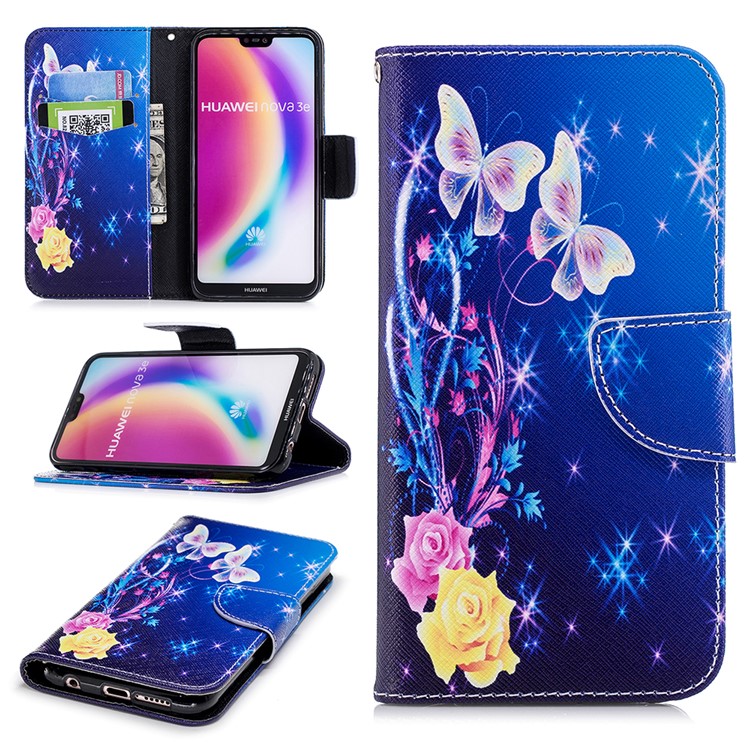 Pattern Printing PU Leather Magnetic Wallet Stand Casing for Huawei P20 Lite/Nova 3e - Crystal Butterfly and Flower-1