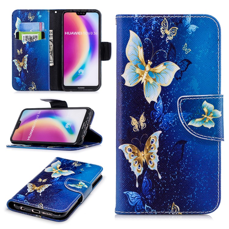 Pattern Printing PU Leather Magnetic Wallet Stand Mobile Phone Case for Huawei P20 Lite/Nova 3e - Gold and Blue Butterfly-1