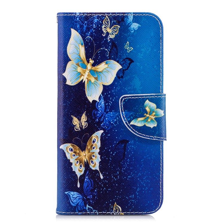 Pattern Printing PU Leather Magnetic Wallet Stand Mobile Phone Case for Huawei P20 Lite/Nova 3e - Gold and Blue Butterfly-2