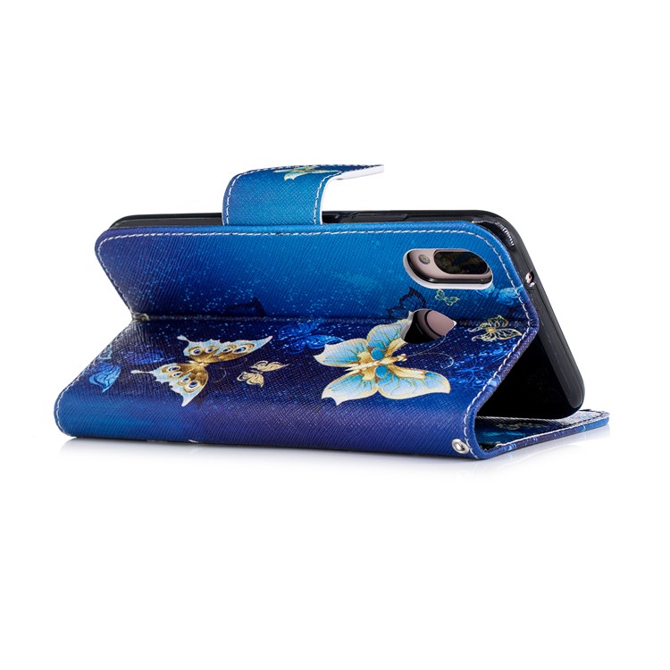 Pattern Printing PU Leather Magnetic Wallet Stand Mobile Phone Case for Huawei P20 Lite/Nova 3e - Gold and Blue Butterfly-4