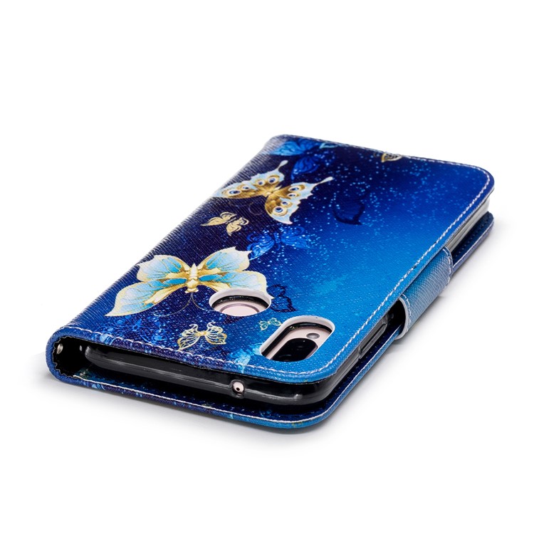 Pattern Printing PU Leather Magnetic Wallet Stand Mobile Phone Case for Huawei P20 Lite/Nova 3e - Gold and Blue Butterfly-7