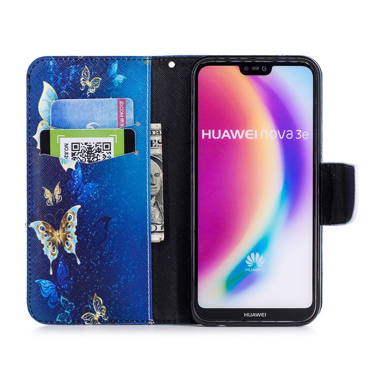 Pattern Printing PU Leather Magnetic Wallet Stand Mobile Phone Case for Huawei P20 Lite/Nova 3e - Gold and Blue Butterfly-8