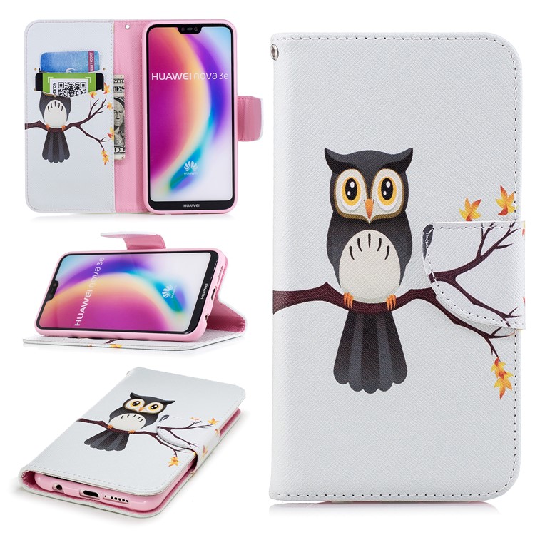Pattern Printing PU Leather Magnetic Wallet Stand Cell Phone Cover for Huawei P20 Lite/Nova 3e - Owl on Branch-1