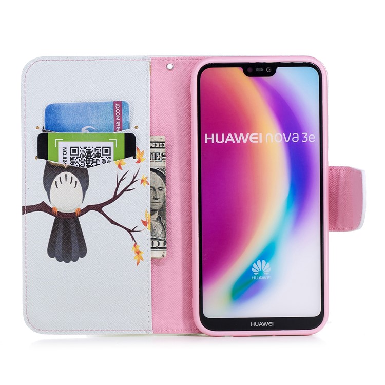 Pattern Printing PU Leather Magnetic Wallet Stand Cell Phone Cover for Huawei P20 Lite/Nova 3e - Owl on Branch-8
