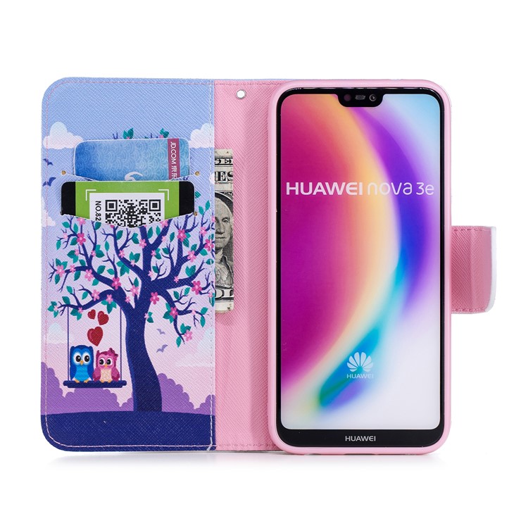 Impression De Modèle PU Portefeuille Magnétique En Cuir Support Téléphone Portable Shell Pour Huawei P20 Lite / Nova 3e - Chouette Sur Balançoire-8