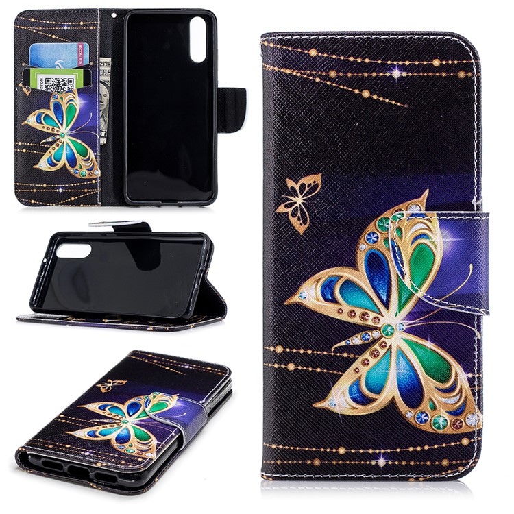 Pattern Printing PU Leather Magnetic Wallet Stand Shell for Huawei P20 - Rhinestone Decor Butterfly-1
